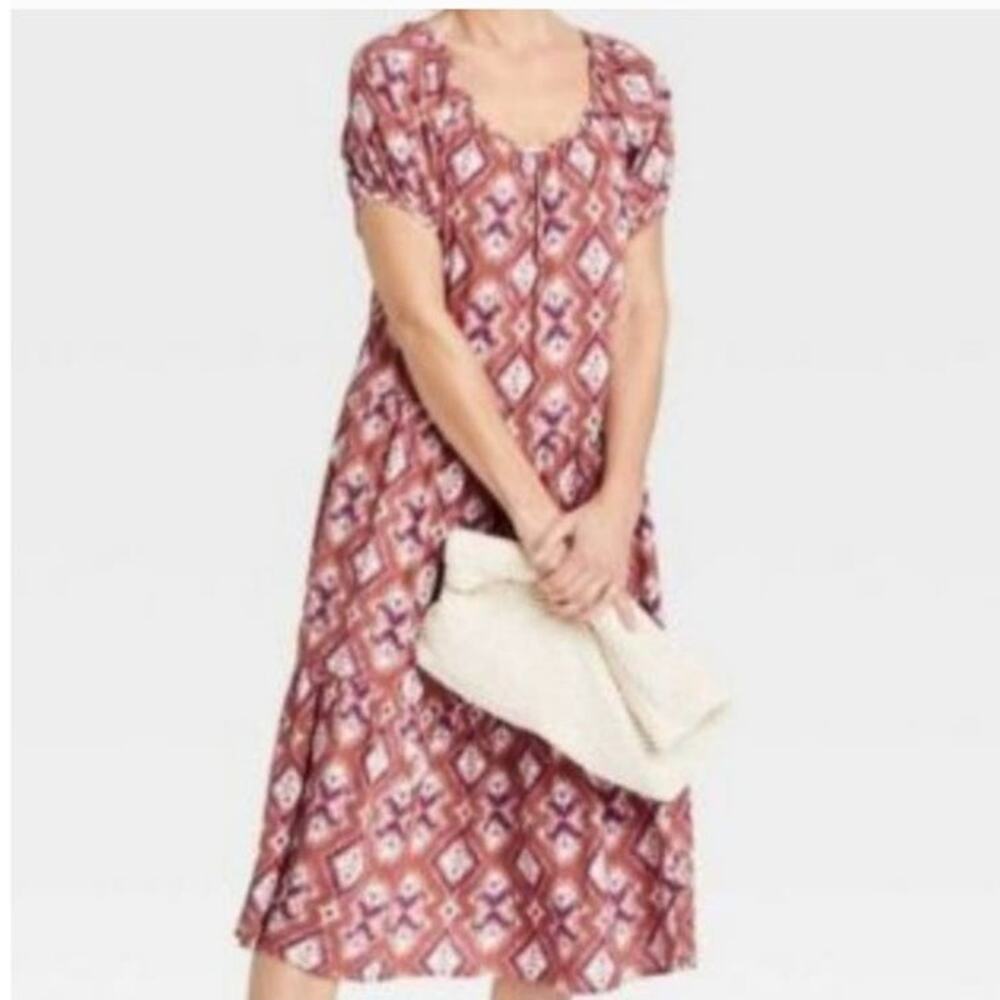 Knox Rose Women's Cognac Peasant Tiered Short Puff Sleeve Dress XL